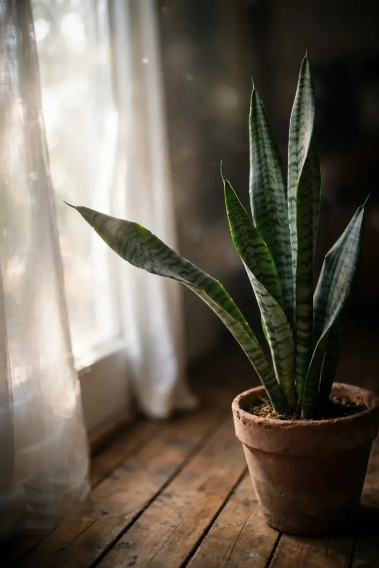 Snake plant in terracotta pot standing in bright indirect window light