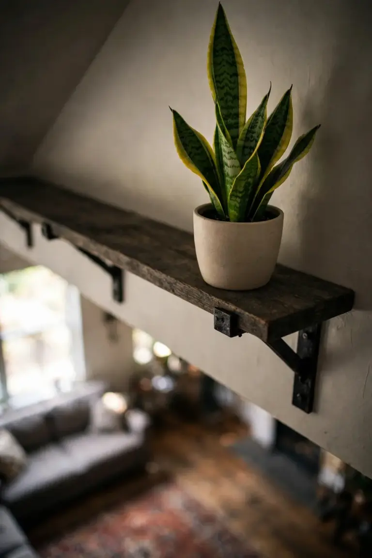 Snake plant on a high wooden shelf, out of reach of pets