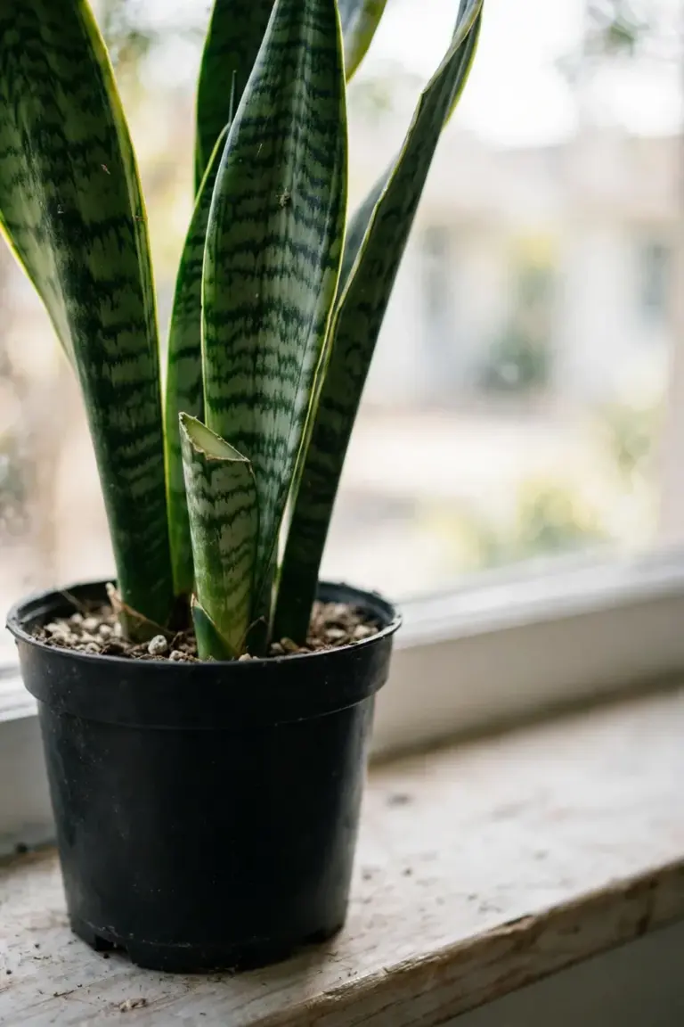 Snake plant with tall banded sword leaves in a plain nursery pot on a windowsill