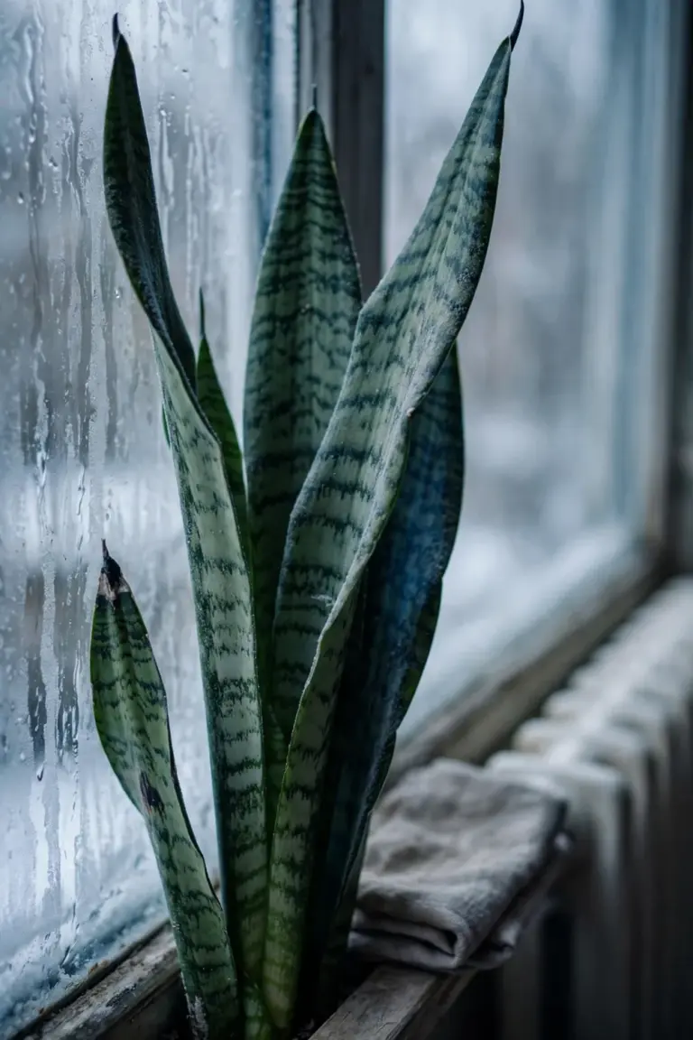 Snake plant pulled back from a cold winter window