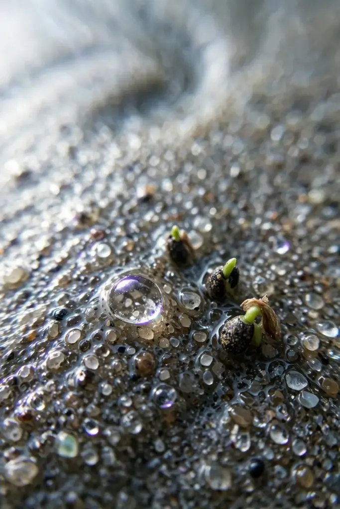 Dust-like snapdragon seeds on damp sand with pinprick sprouts