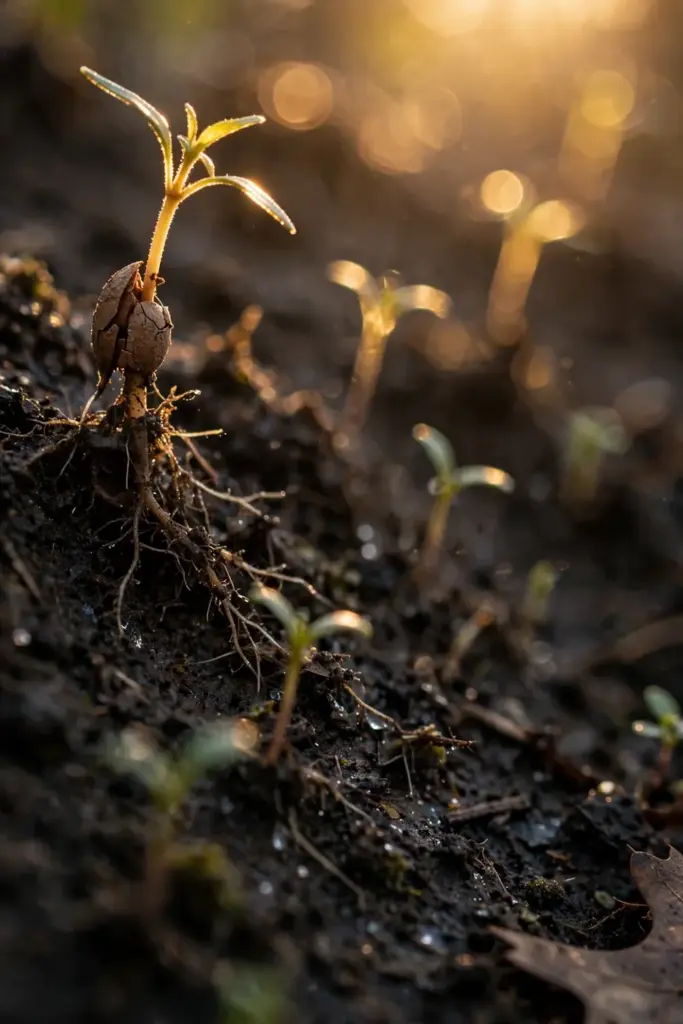 Tiny snapdragon seedlings pushing through dark fall soil