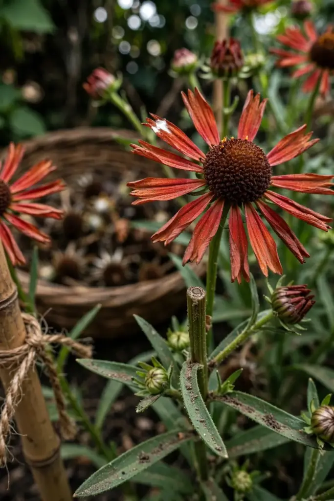 Copper sneezeweed daisies with fresh buds beside spent deadheaded stems