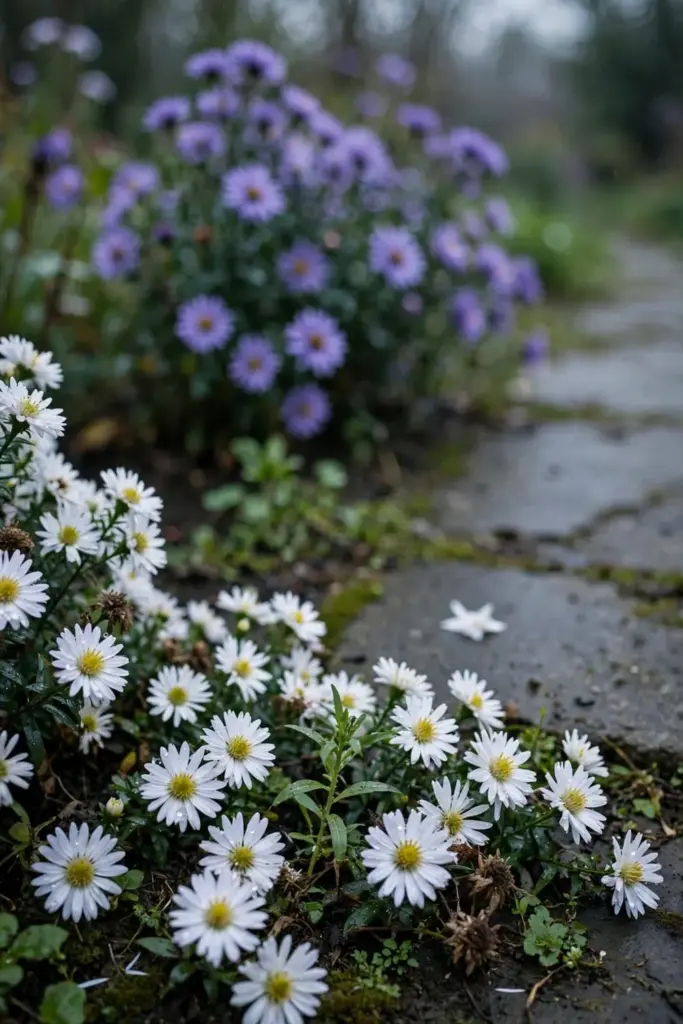 Snow Cushion white aster edging a path with crisp white blooms