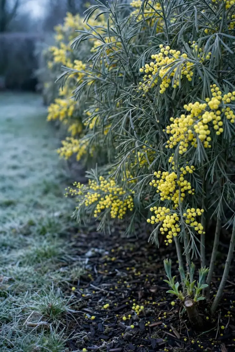 Snowy river wattle hedge with lemon-yellow flower heads in cold light
