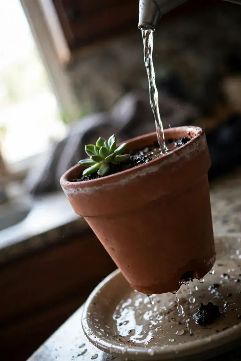 Watering can spout pouring water into a terracotta pot with water draining from the hole below