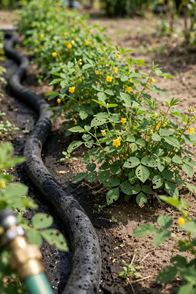 Soaker hose running along a row of flowering adzuki bean plants