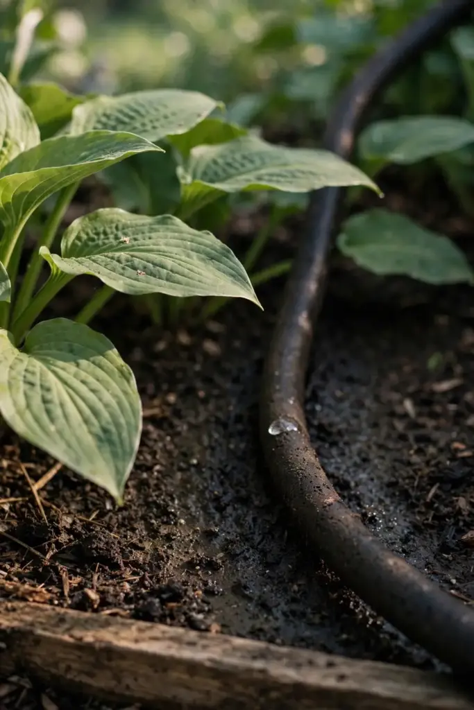 Soaker hose watering soil at the base of hostas while foliage stays dry.