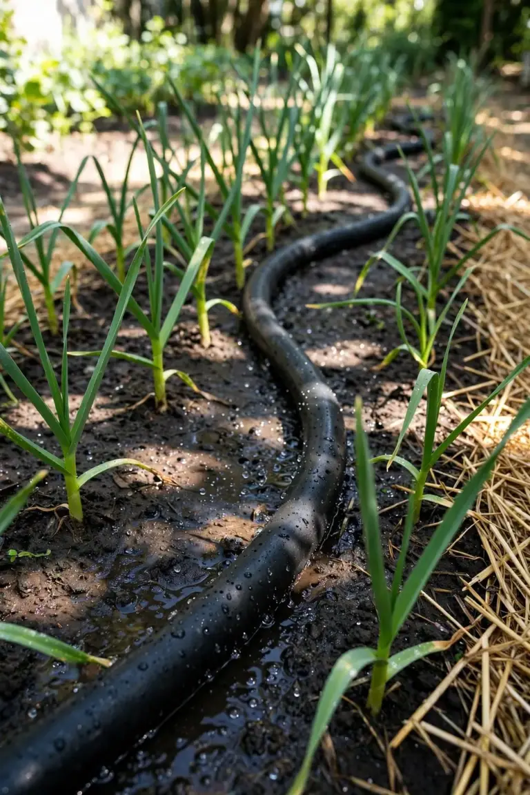 Soaker hose snaking through a garlic bed with moist soil