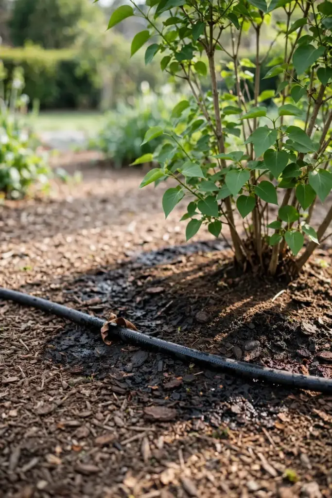 Soaker hose watering a lilac at the root zone with dry leaves above.