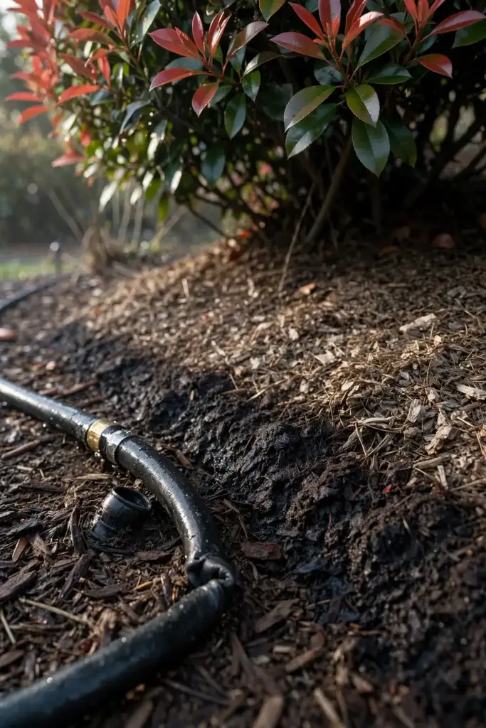 Soaker hose watering the base of a photinia hedge with dry foliage above