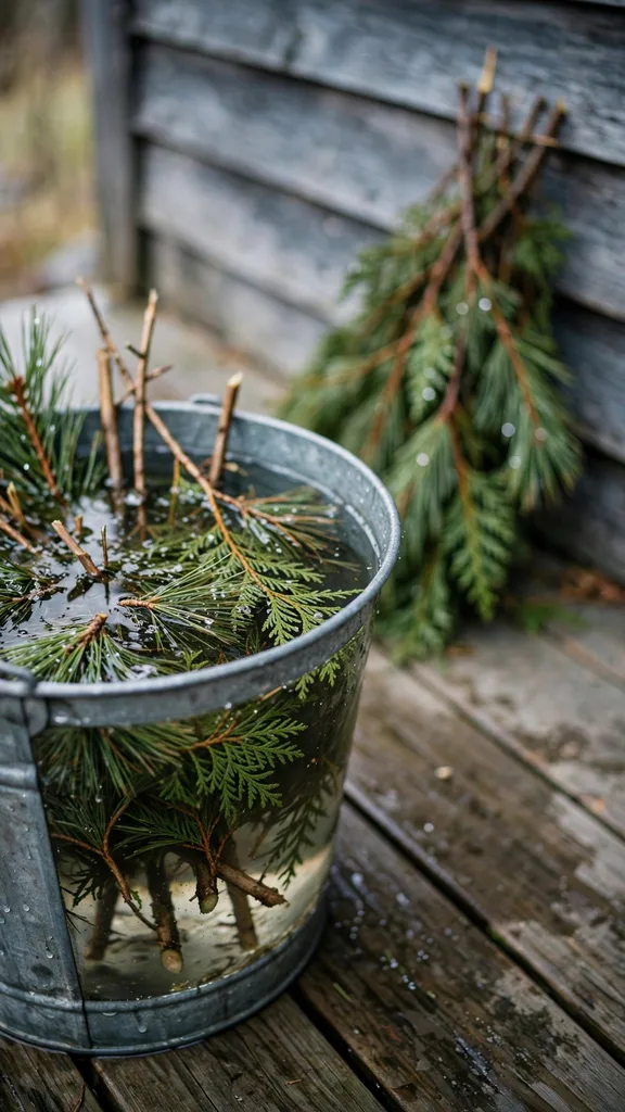 Cedar and pine boughs soaking in a bucket of water beside a porch