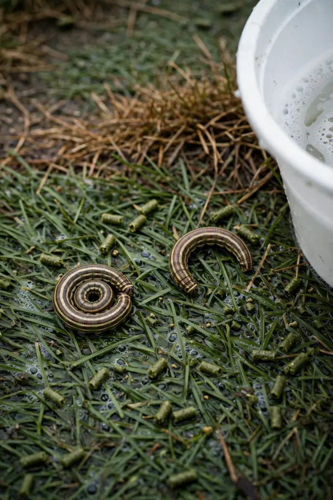 Armyworm caterpillars on wet turf beside a bucket of soapy water