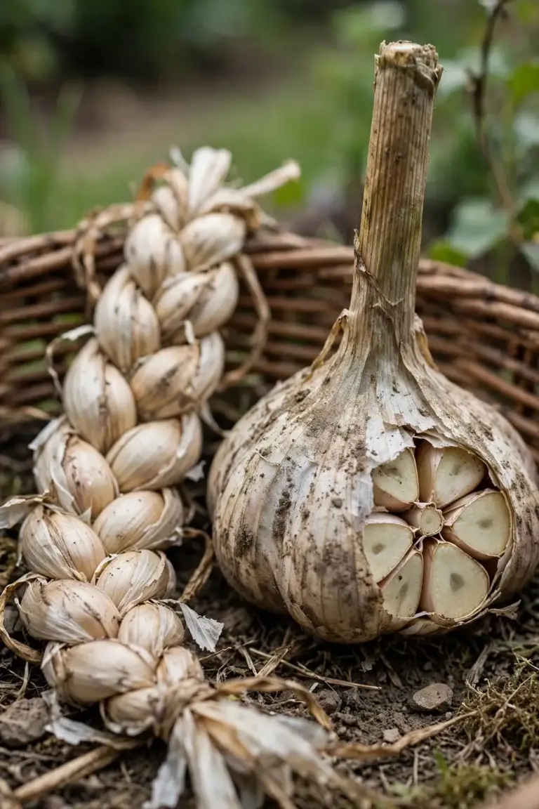 Softneck garlic braid beside a hardneck bulb with a stiff stem
