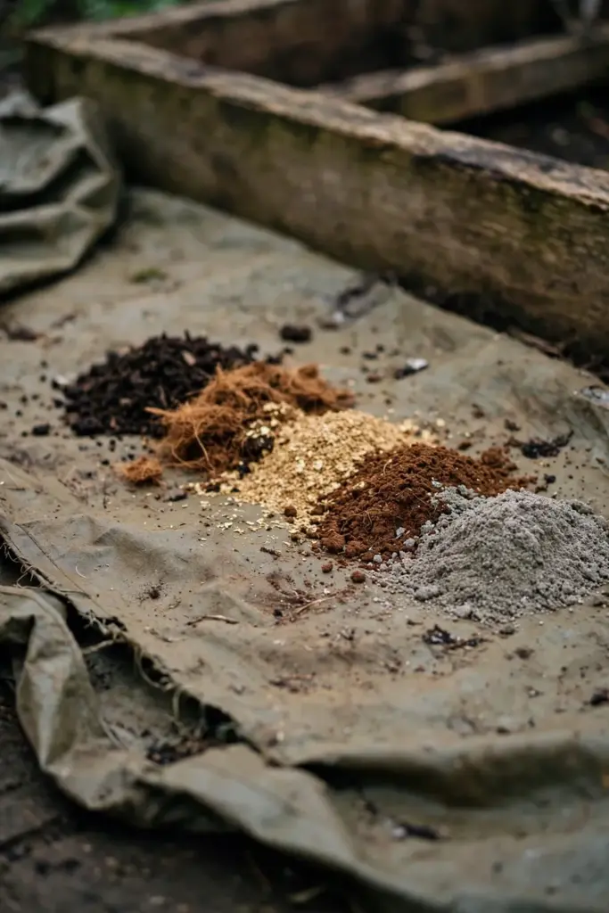Five small piles of soil ingredients on a tarp: compost, coir, vermiculite, topsoil, sand