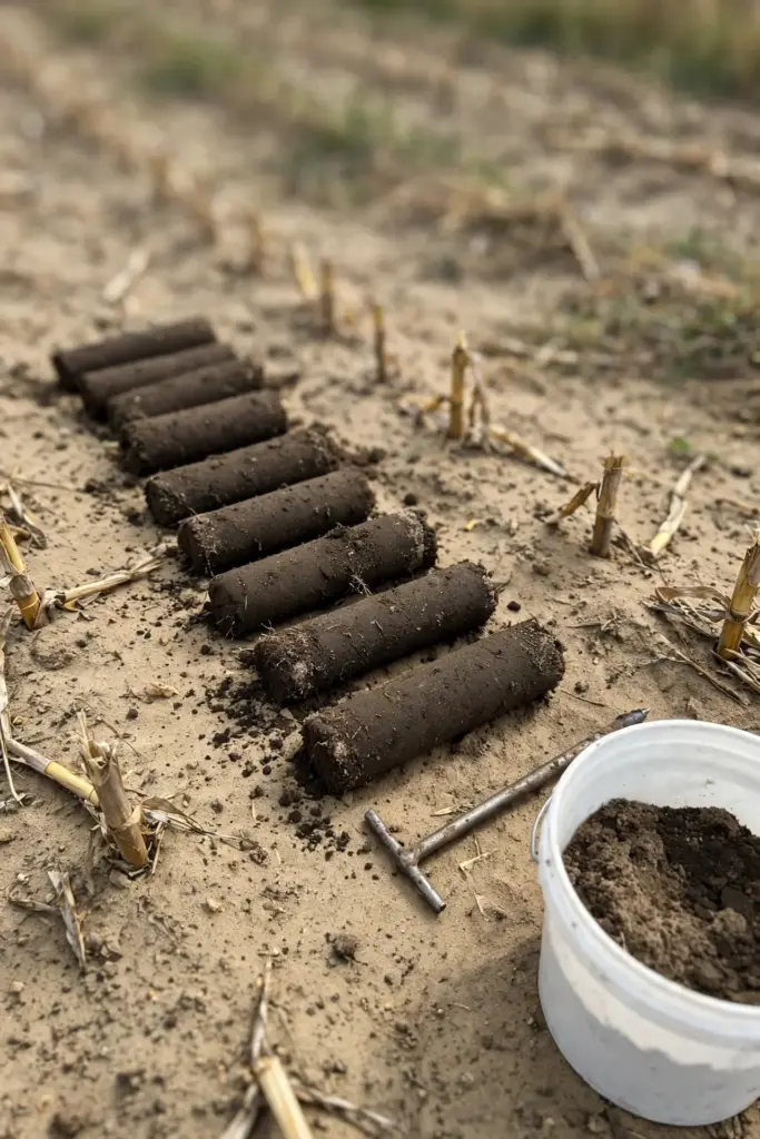 Row of dark soil cores beside a soil probe and a bucket on sandy field ground.