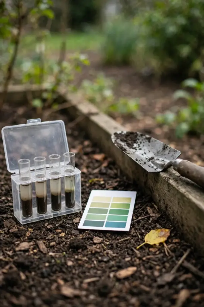 Soil pH test kit beside a garden bed with a trowel