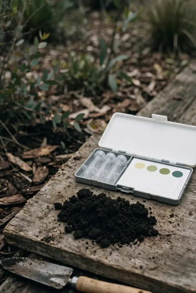 Soil pH test kit and soil sample beside a native garden bed