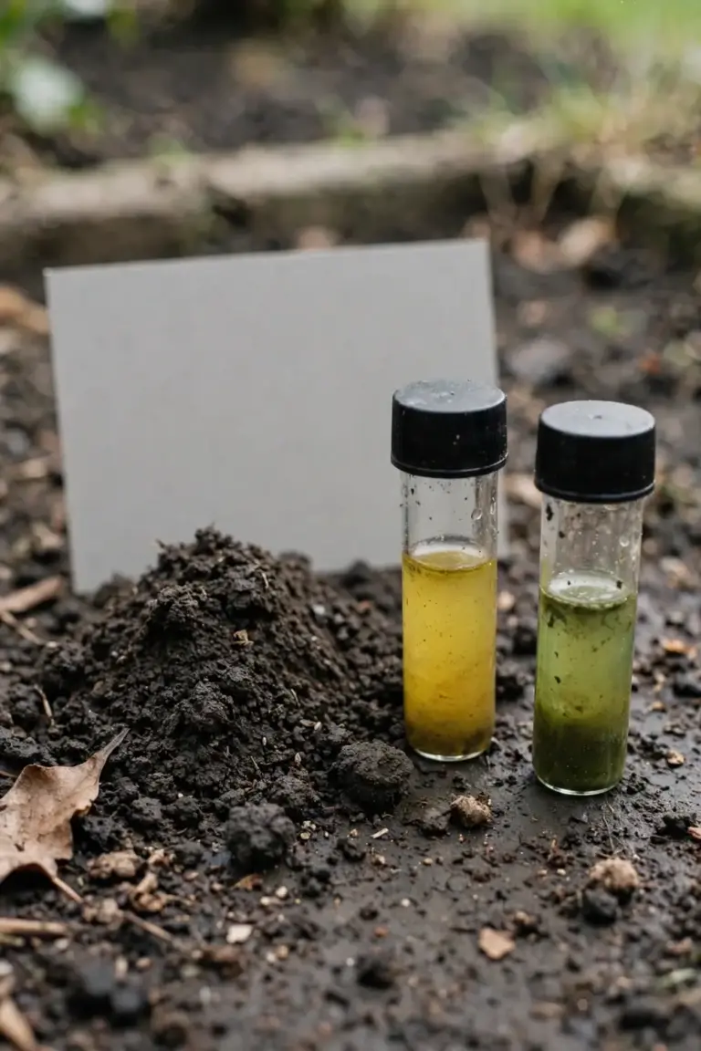 Soil pH test tubes with yellow and green soil solution beside a soil sample