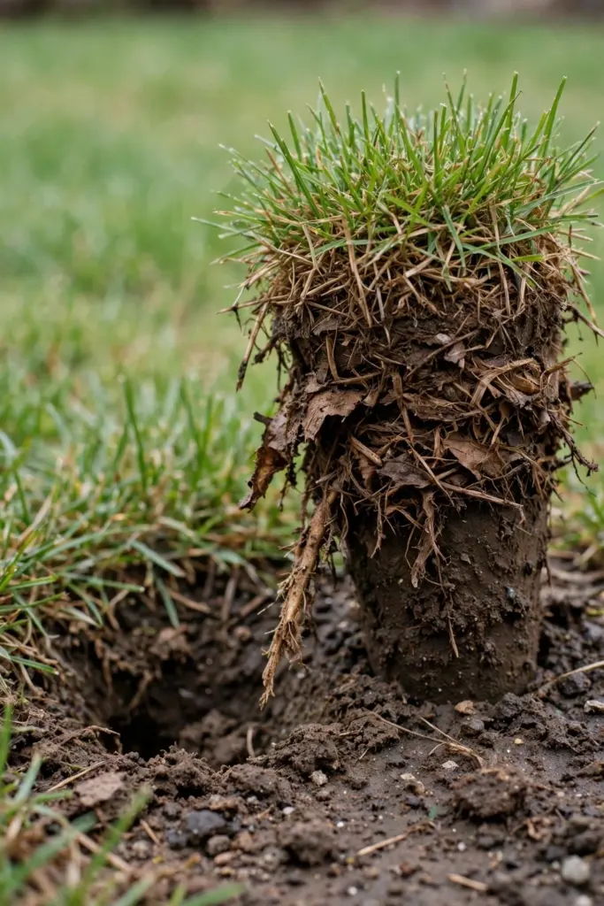 Soil plug showing a brown thatch mat between grass blades and soil