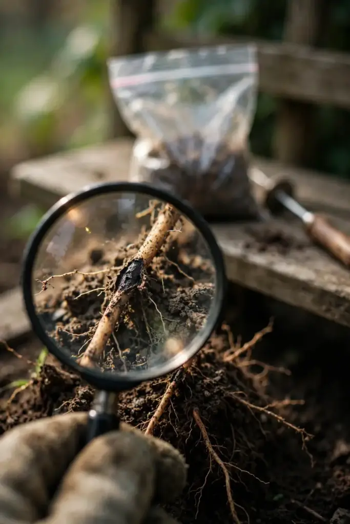 Magnifying glass over a soil sample with washed roots for diagnosis.