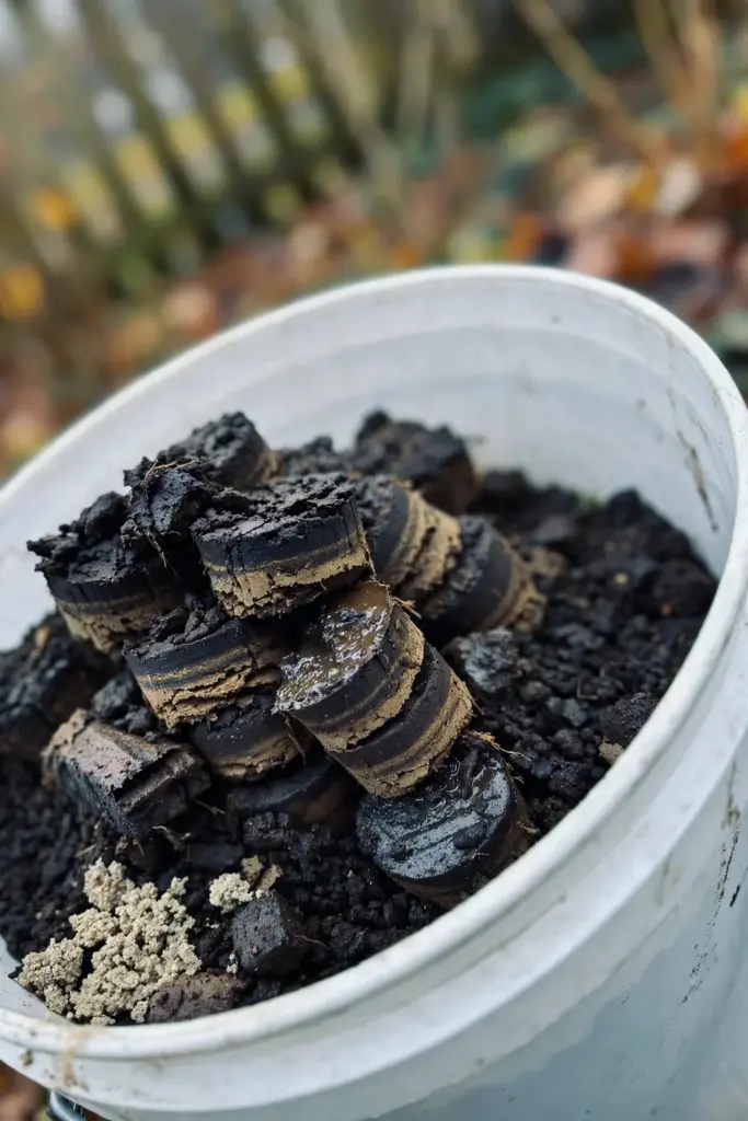 Dark soil cores heaped in a white bucket, a garden soil sample ready for the lab
