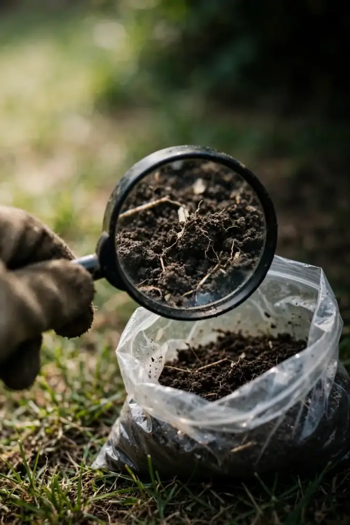 Magnifying glass over a soil sample with a mitt gripping the handle.