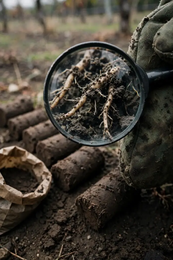 Magnifying glass over soil cores and grapevine roots