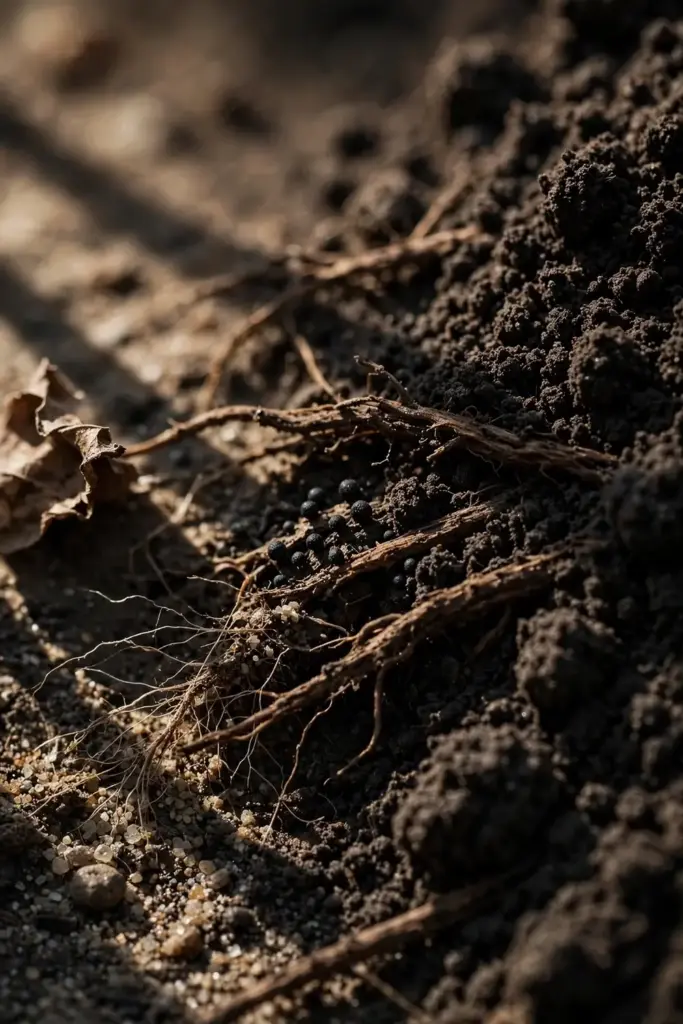 Close-up of garden soil with tiny black sclerotia resting between soil crumbs.