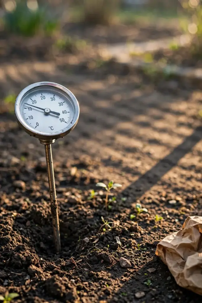 Soil thermometer reading warm temperature in a prepared garden bed