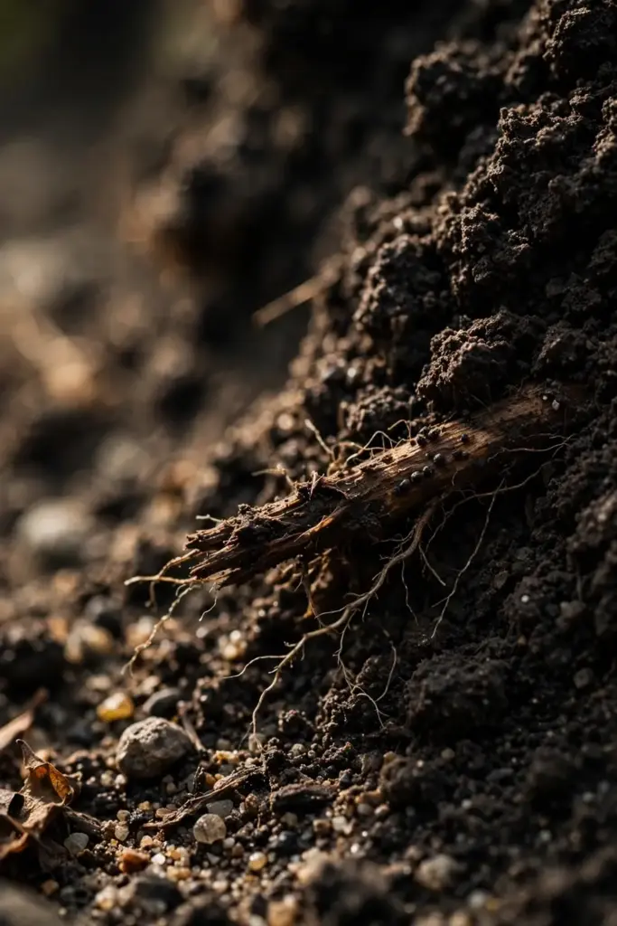 Extreme close-up of garden soil with decaying root fragments and dark microsclerotia.