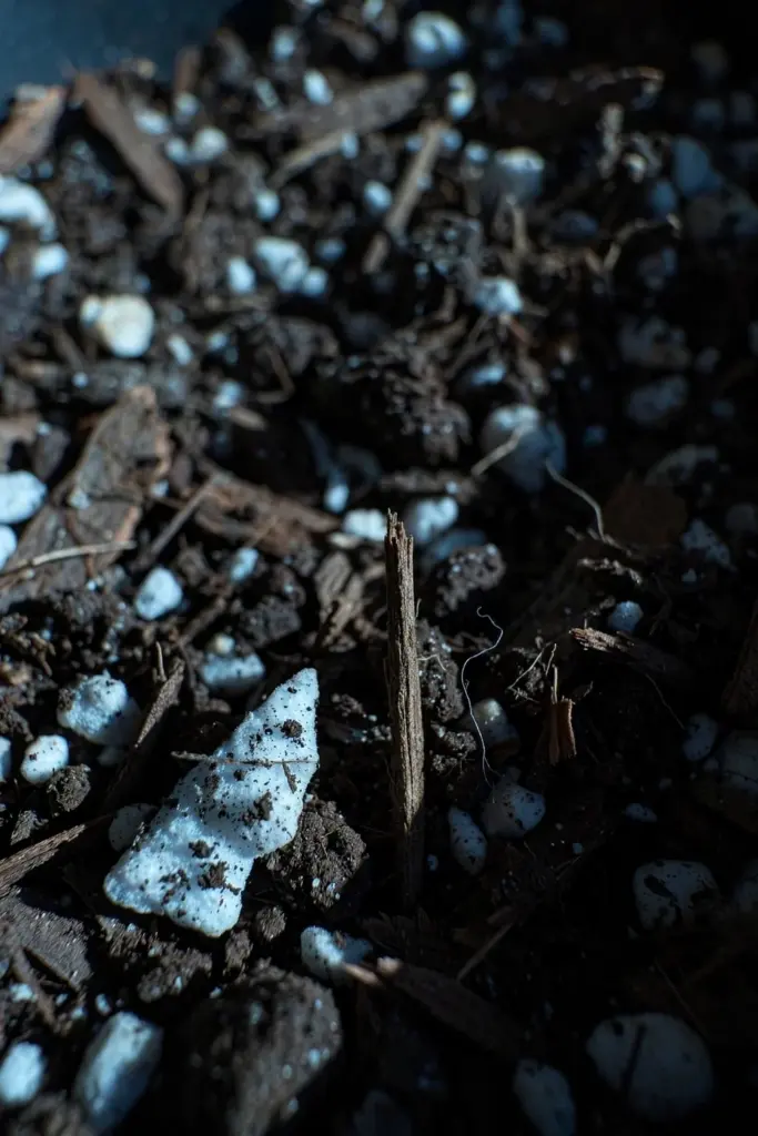 Soilless potting mix: bark, perlite, and peat in close detail