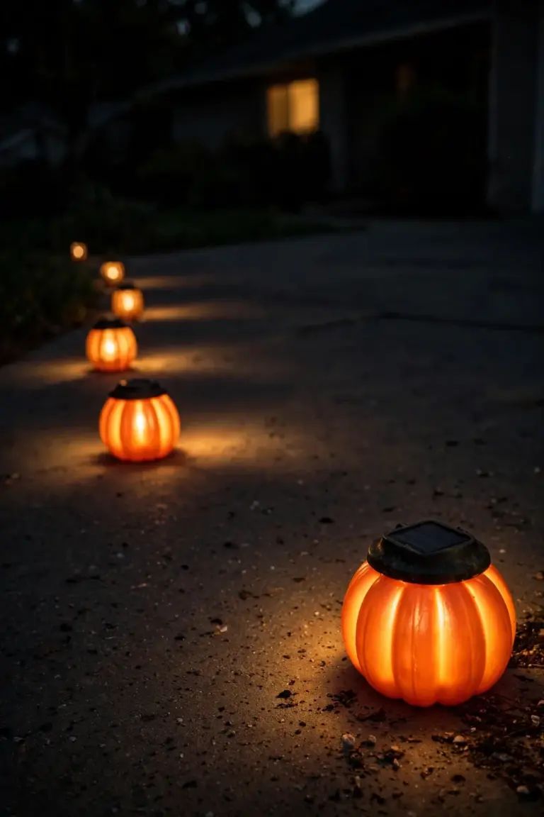 Solar pumpkin lanterns glowing in a row along the edge of a driveway at night