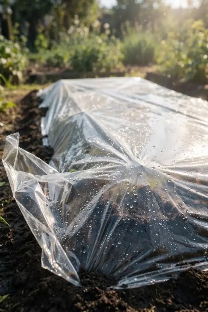 Vegetable bed covered with clear plastic sheeting for soil solarization.