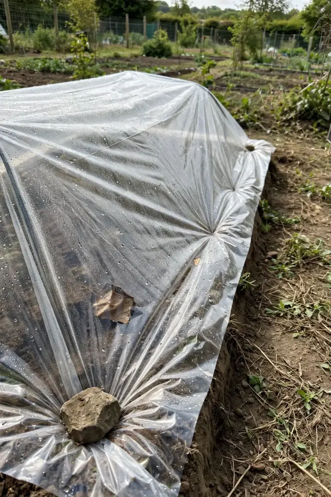 Garden bed solarizing under clear plastic with condensation beading.