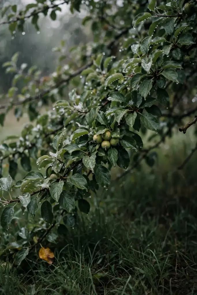 Dense damp apple canopy after rain in a home orchard.