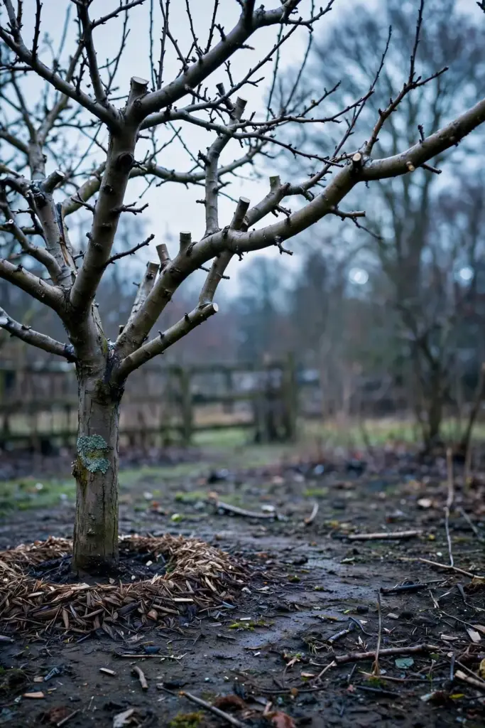 Dormant apple tree with an open pruned canopy in winter.