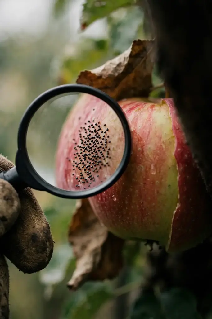Magnifier over flyspeck dot clusters on an apple.