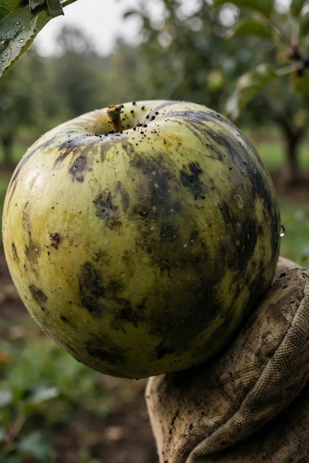 Apple with sooty blotch smudges steadied by a worn garden mitt