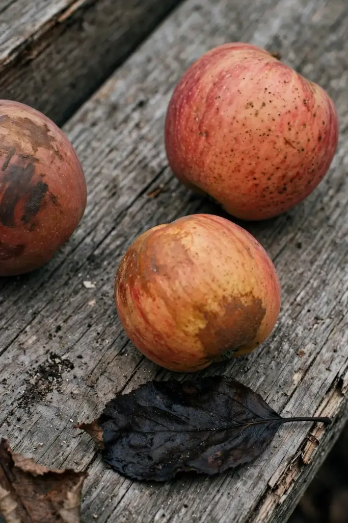 Three apples showing sooty blotch, flyspeck, and sooty mold side by side.
