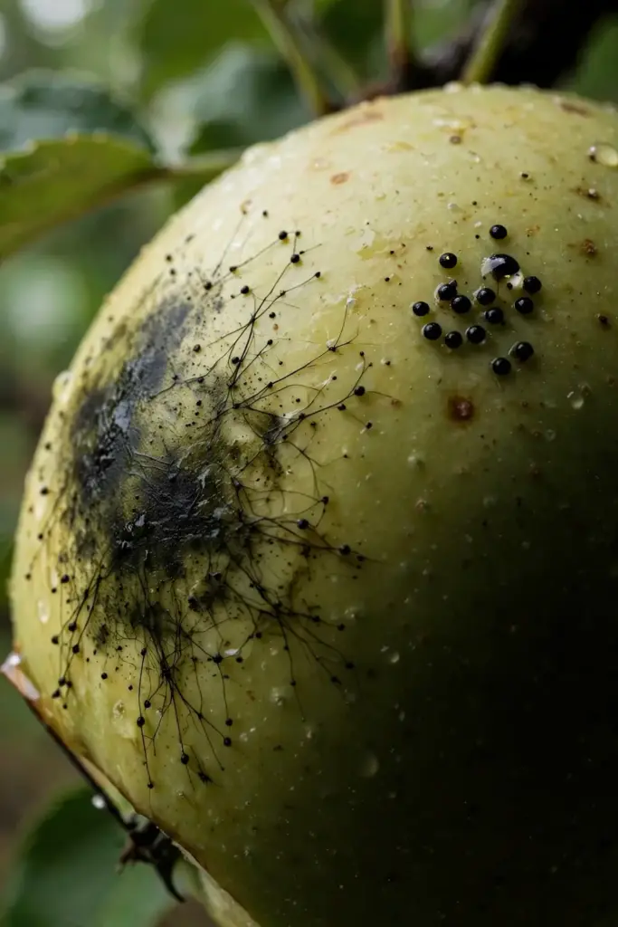 Apple surface carrying sooty blotch smudges and flyspeck dots side by side.