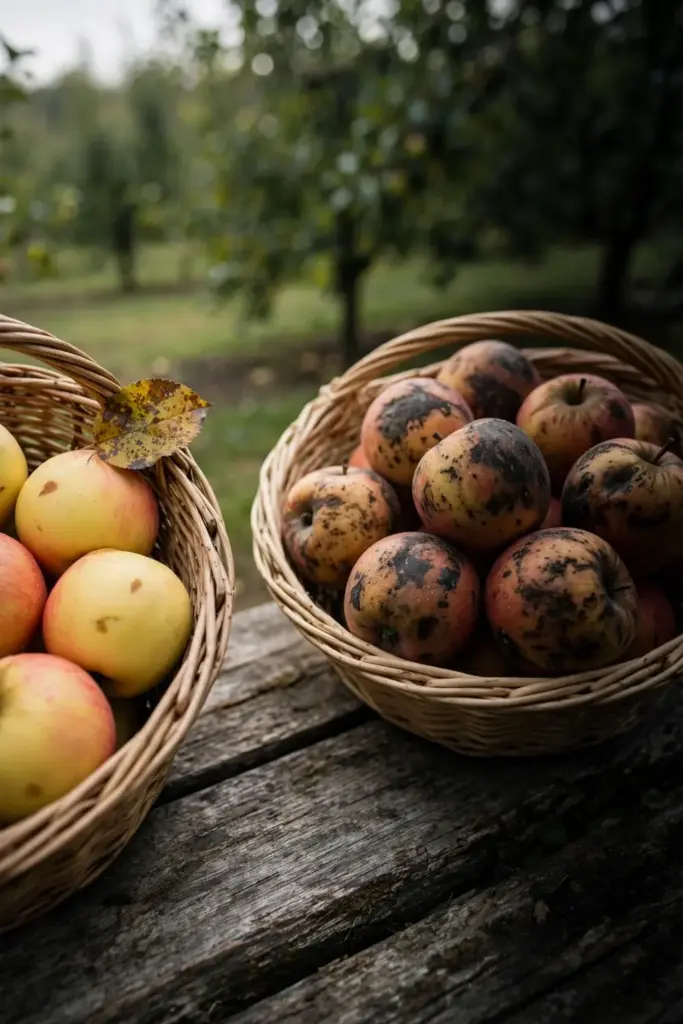 Two baskets of harvested apples, marked fruit and clean fruit sorted apart.