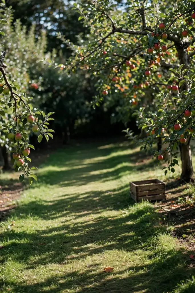 Healthy orchard path between open apple trees.