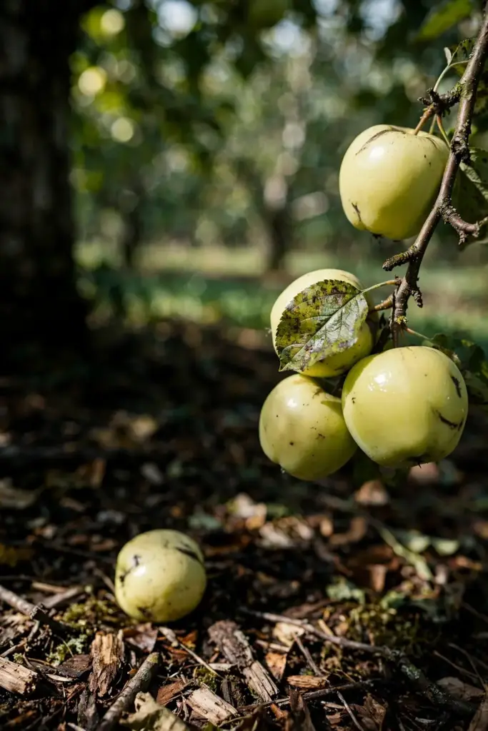Apple trees with light-skinned fruit in a home orchard.
