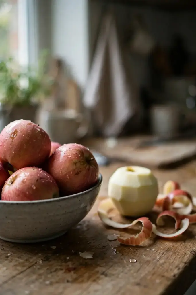 Bowl of washed marked apples with one peeled apple beside it.