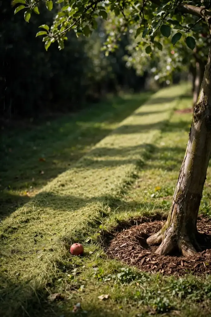Short mowed ground cover under apple trees.
