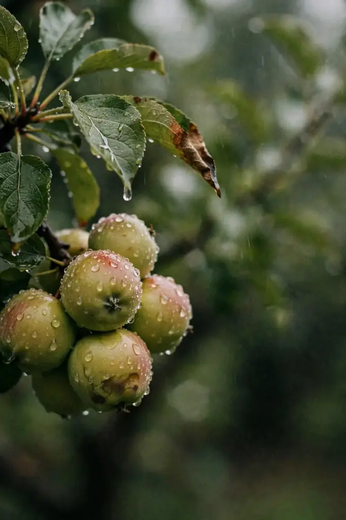 Apple cluster beaded with rain droplets after a summer storm.