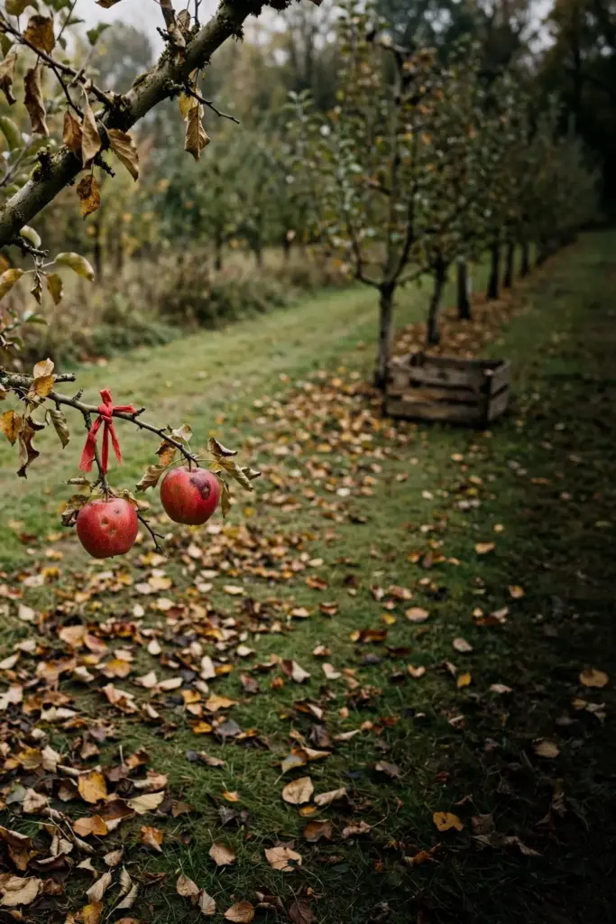 Orchard row in late season with one tree showing early fruit marks.