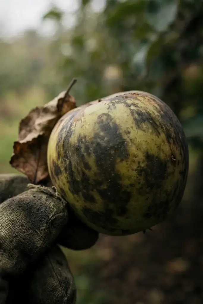 Sooty blotch smudges on an apple held in a worn garden mitt.