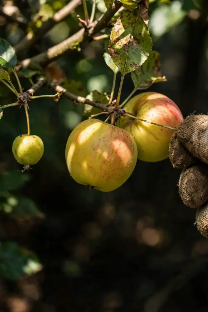 Worn garden mitt thinning a crowded apple cluster.